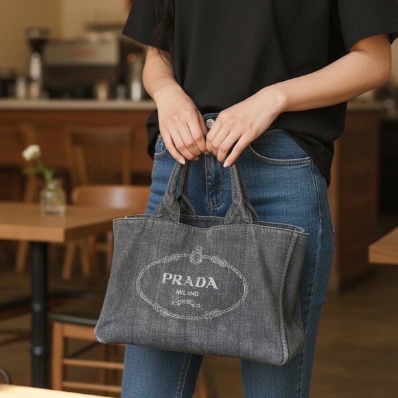 Authentic Prada Canapa Medium Nero Denim Tote | Strap Included - Picture 9 of 9
